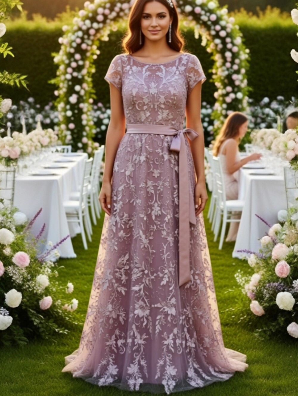 Princess A-line Gown Scoop Neckline Cap Sleeves With Lace Appliques Size 14